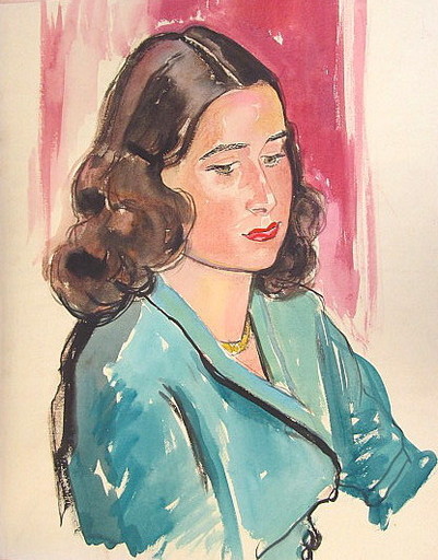 Paul MECHLEN - Drawing-Watercolor - Frau in grüner Bluse. 