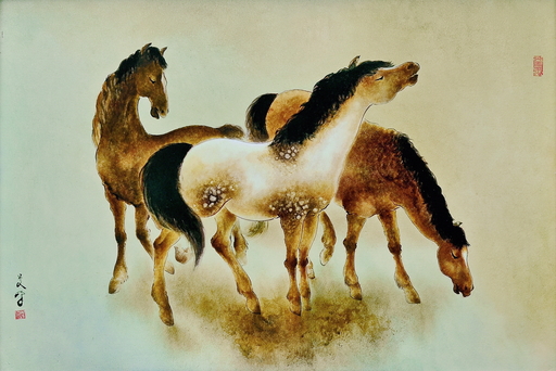李曼峰 - 绘画 - Three Horses, by Lee Man Fong
