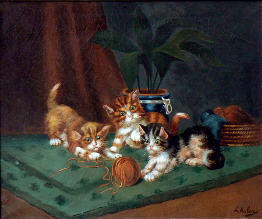 Léon Charles HUBER - Painting - Chatons jouant avec une pelote