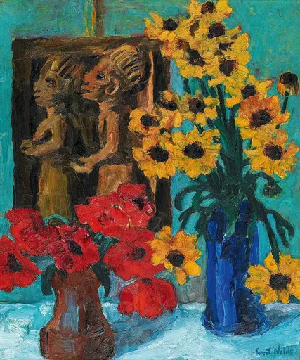 埃米尔•诺尔德 - 绘画 - A Still Life of Flowers with a Wooden Sculpture 