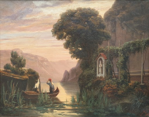 Jean Charles Denis GRANDJEAN - Painting - Pêcheurs sur un lac en Italie