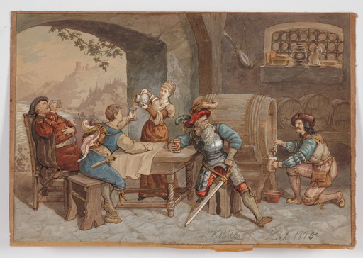 Karl MÜLLER - Dibujo Acuarela - "Tavern Scene", Watercolor, 1885
