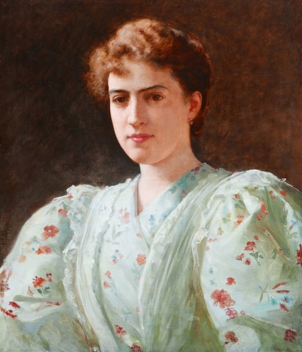Auguste RAYNAUD - 绘画 - Portrait de jeune femme en robe vert pâle à motifs de fleurs