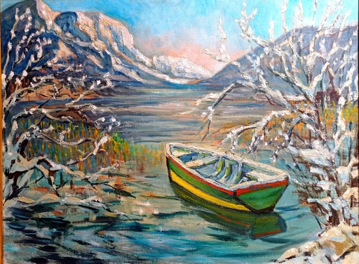Paul C. HARI - Peinture - Barque sur lac de montagne enneigée 