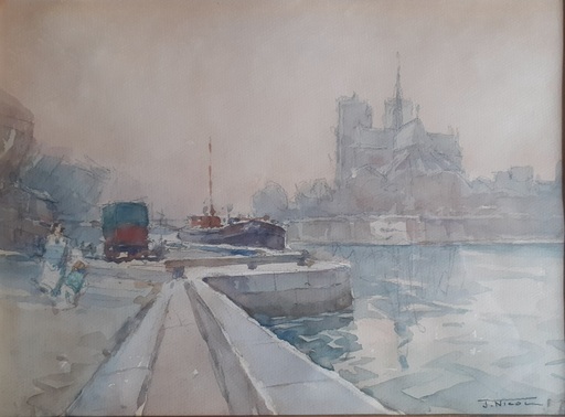 Jean NICOL - Drawing-Watercolor - PARIS CATHÉDRALE NOTRE DAME 
