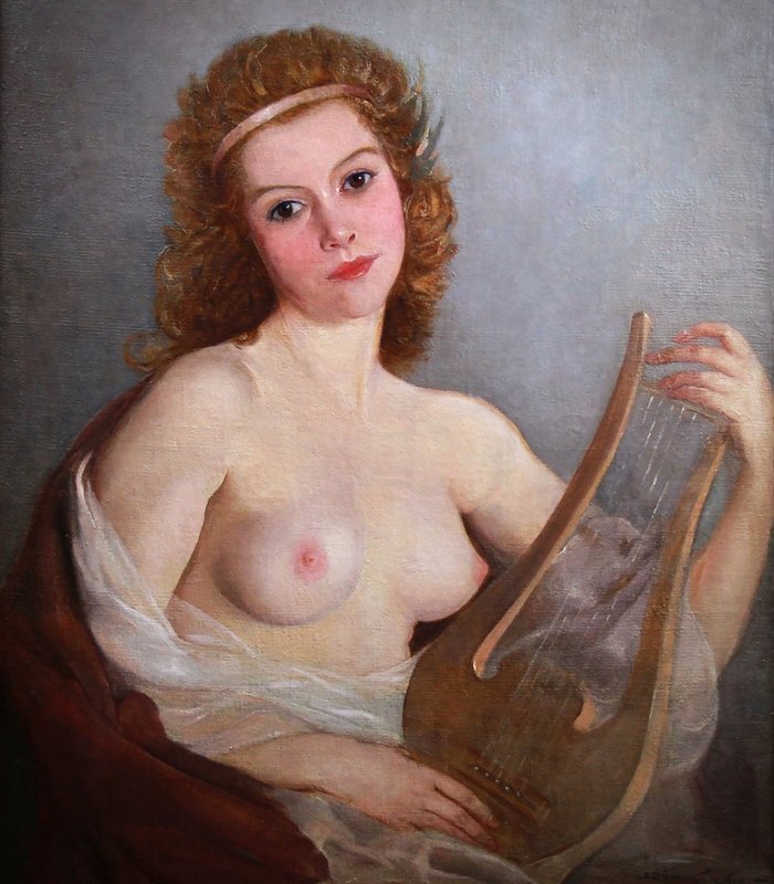 Mária SZANTHO - Gemälde - Huile Portrait nu dame avec Lyre portrait nude lady with lyr