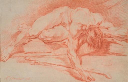 François BOUCHER - Drawing-Watercolor - Académie d'homme allongé