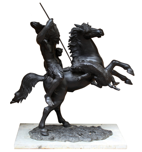 Tommaso CAMPAJOLA - Skulptur Volumen - Guerriero a cavallo con lancia e fiera
