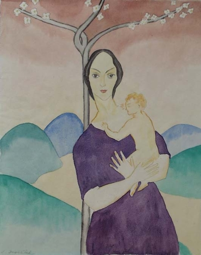 Ludvik DVORACEK - Zeichnung Aquarell -  "Motherhood", Watercolor, 1920's