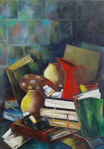 Romeo MESISCA - Painting - Composizione con libri e vaso rosso