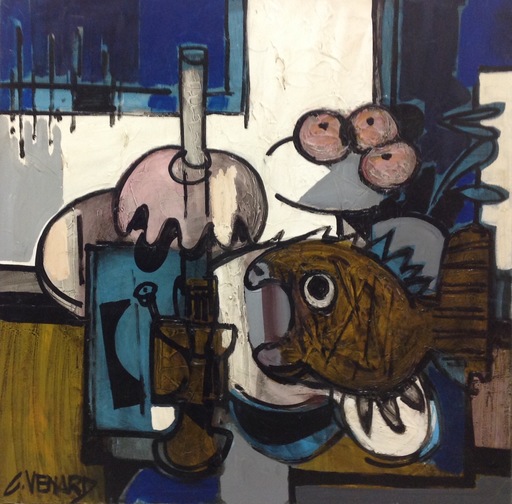 Claude VENARD - Peinture - lampe et poisson