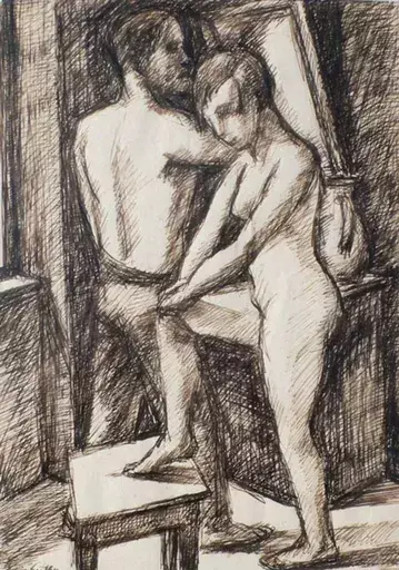 Emil LÜTHY - Drawing-Watercolor - Artist and Female Nude Model in Studio