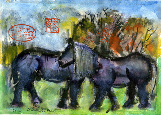 Jean-Pierre CHEVASSUS-AGNES - Peinture - 2 chevaux MERENS dans le PILAT ( Loire ) (2)