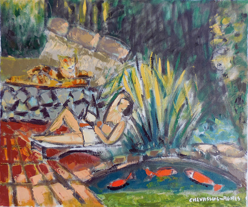 Jean-Pierre CHEVASSUS-AGNES - Gemälde - Geneviève, Kikou, devant le bassin aux poissons rouges