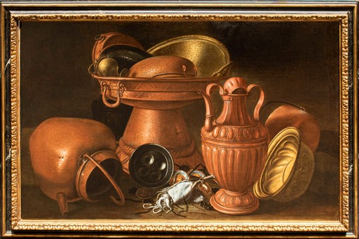 Giuseppe RUOPPOLO - 绘画 - Still life with copper dishes, cuttlefish and oysters