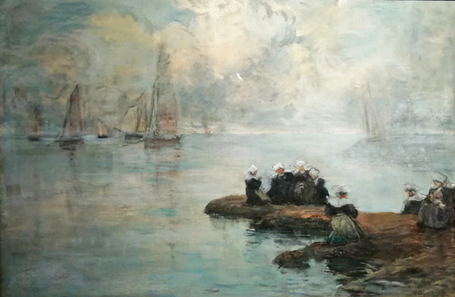 Fernand Marie Eugène LE GOUT-GÉRARD - Dessin-Aquarelle - L'attente au port en Bretagne