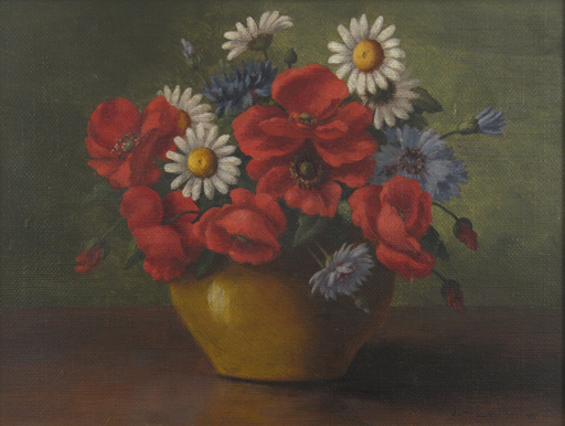 Jeanne LECHLEITNER - Painting - Sommerstrauss in senffarbener Vase