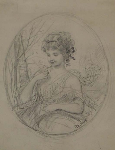 Anton EBERT - Dibujo Acuarela - "Girl with Flower" by Anton Ebert, late 19th Century