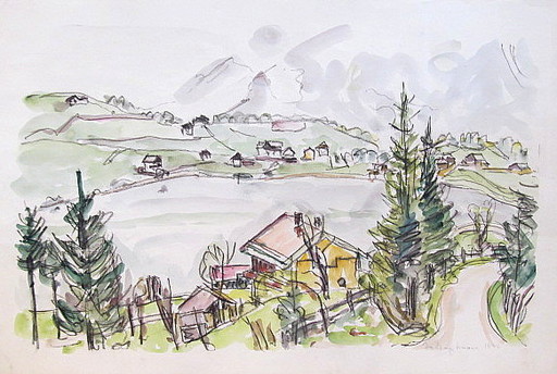 Ivo HAUPTMANN - Drawing-Watercolor - Bergsee in den Alpen. 