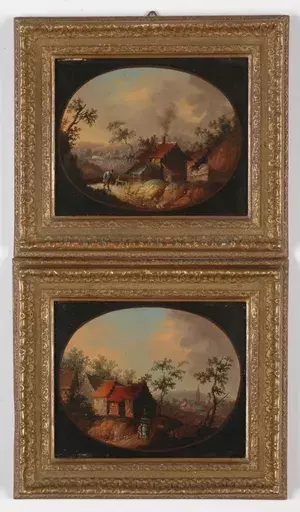 Johann Georg TRAUTMANN - Pintura -  "Village Motifs", Two Oil Miniatures, middle 18th Century