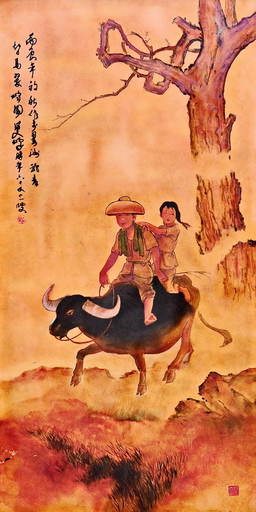 李曼峰 - 绘画 - Riding a Water Buffalo, by Lee Man Fong