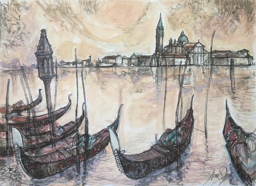 Aimé VENEL - Pintura - L'invitation des gondoles à Venise