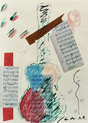 Giuseppe CHIARI - Drawing-Watercolor - Chitarra con spartiti musicali