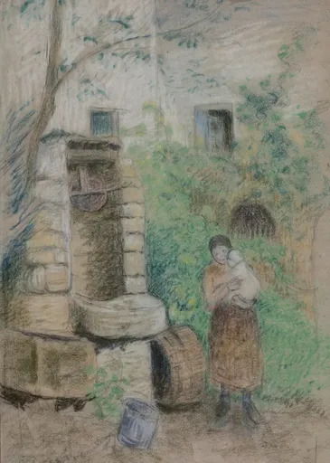 Camille PISSARRO - Zeichnung Aquarell - Femme et enfant près d’un puit
