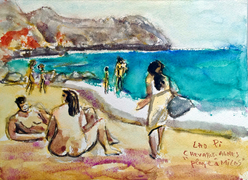 Jean-Pierre CHEVASSUS-AGNES - Disegno Acquarello - la plage volcanique "PALHEORI" à MILOS Grèce