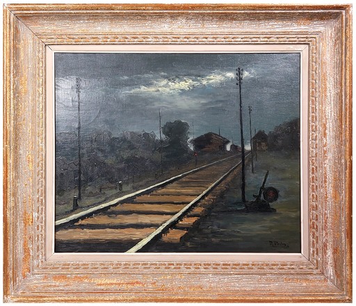 René PRIN - Painting - Voie de chemin de fer au clair de lune