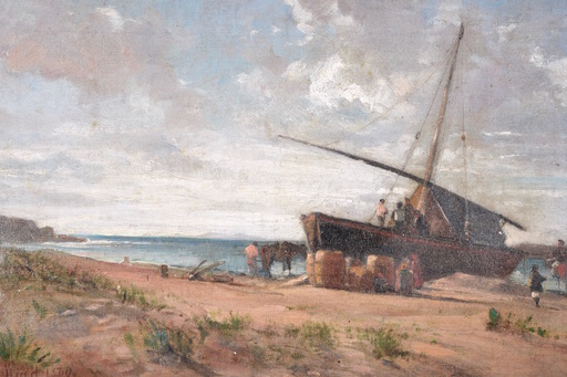 Wilhelm RIEDEL - Painting - Untitled (Boat Disembarkation at a Beach)