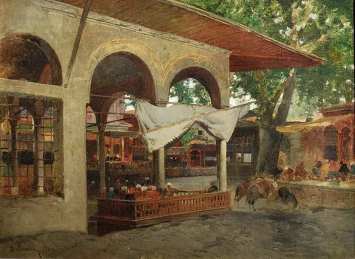 Alberto PASINI - Painting - Caffè con portici a Beicos