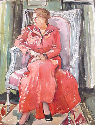 Paul MECHLEN - Disegno Acquarello - Sitzende Frau im roten Kleid. 