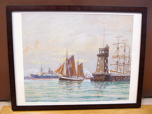 Wilhelm HOFFMANN - Drawing-Watercolor - Dampfer und Segler vor Hafeneinfahrt