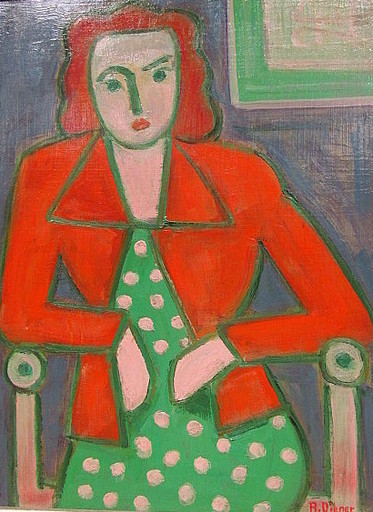 Rolf DIENER - Painting - Frau in rot mit gepunktetem Kleid.