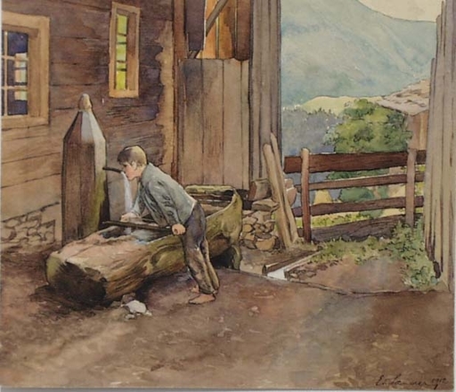 Eduard SANDER - Dibujo Acuarela - "Summer Day" by Eduard Sander, 1912  
