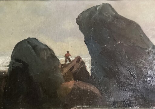 Baldomero GALOFRE Y GIMÉNEZ - Peinture - marina. Paisaje de rocas con pescador.