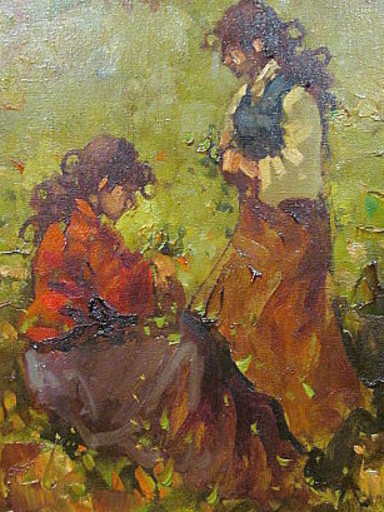 Vladimir FRIMU - 绘画 - 2 Mädchen beim Blumenpflücken