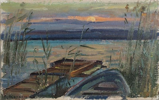 Vassili KARKOTS - Painting - "Evening by Lake", oil painting by Vasili Karkots, 1960's 