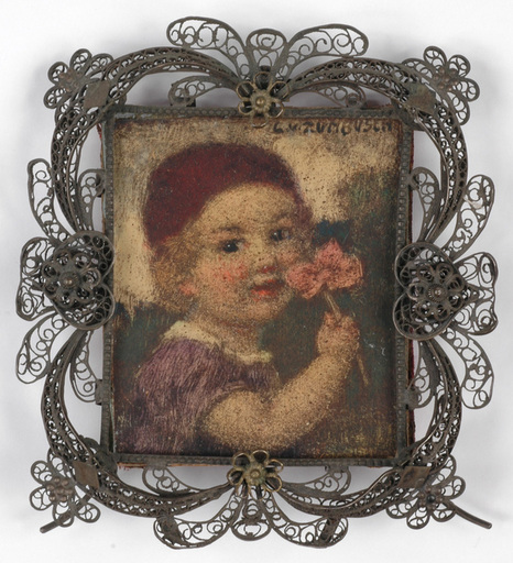 Ludwig VON ZUMBUSCH - Painting - "Little girl with flower" rare miniature, late 19th Century
