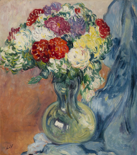 Louis VALTAT - Painting - Chrysanthèmes au drap bleu