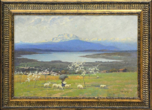 Romeo PELLEGATA - Painting - Veduta del Lago di Varese col Monterosa