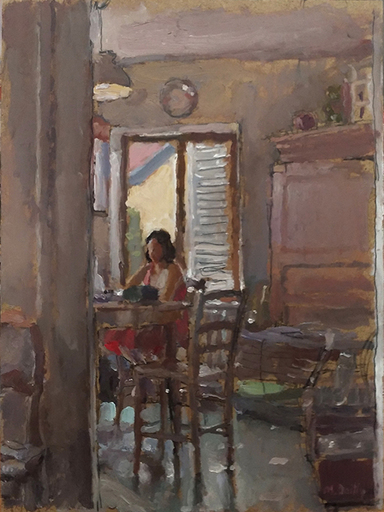 Marc DAILLY - Peinture - Paulina, en rouge, dans la cuisine