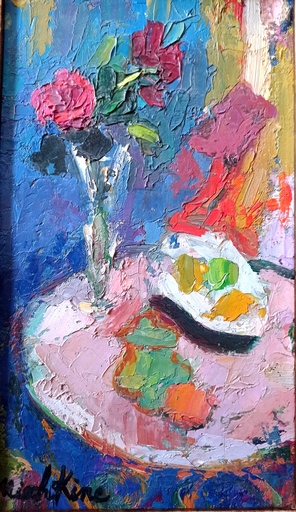 Olga MISCHKINE - Pintura - Vase de roses sur entablement.