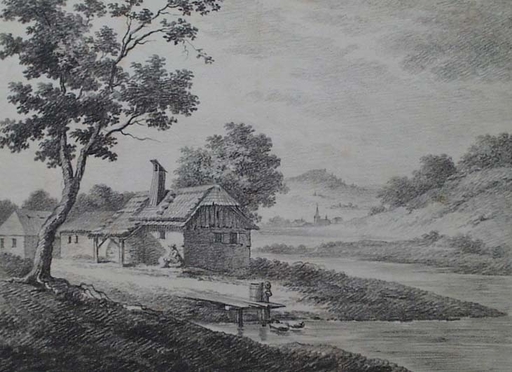 Ludwig KOHL - Dibujo Acuarela - "Landscape with Farm" by Ludwig Kohl, late 18th Century 