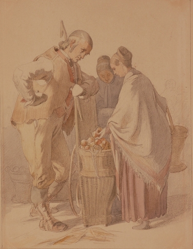 Jakob GRÜNENWALD - Drawing-Watercolor - "Market Scene" by Jakob Grünenwald, middle 19th Century