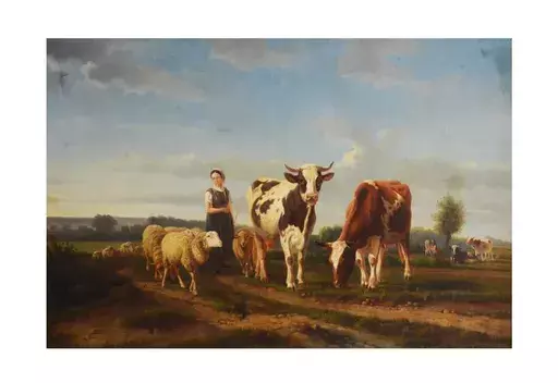 Leopold DE CAUWER - Painting - Hirtin mit Schafen und Kühen