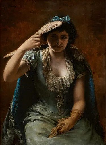 Agapit STEVENS - Painting - Retrato de una elegante dama con un vestido azul y una estol