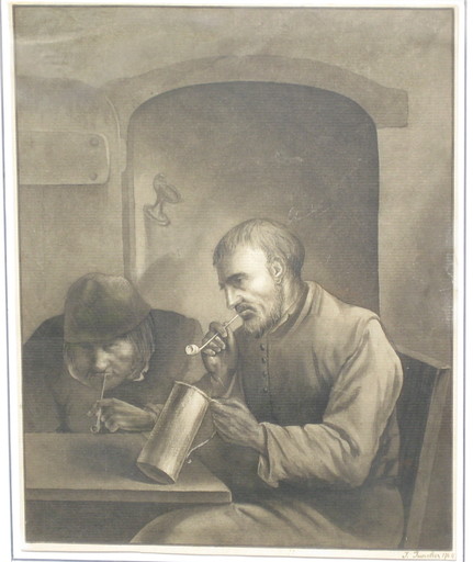 Justus JUNCKER - Dessin-Aquarelle - Interieur mit zwei rauchenden Männern