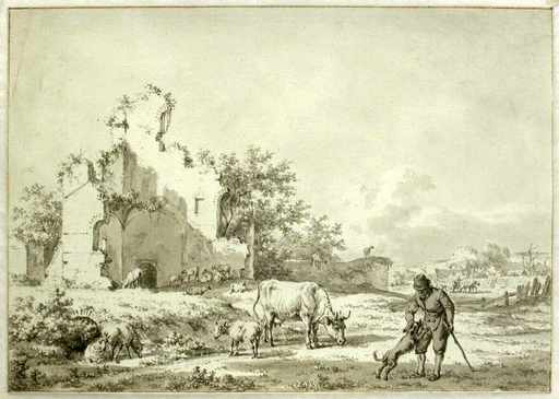 Jacob CATS - Zeichnung Aquarell - Landscape with a Herdsman and his Animals by Ruins